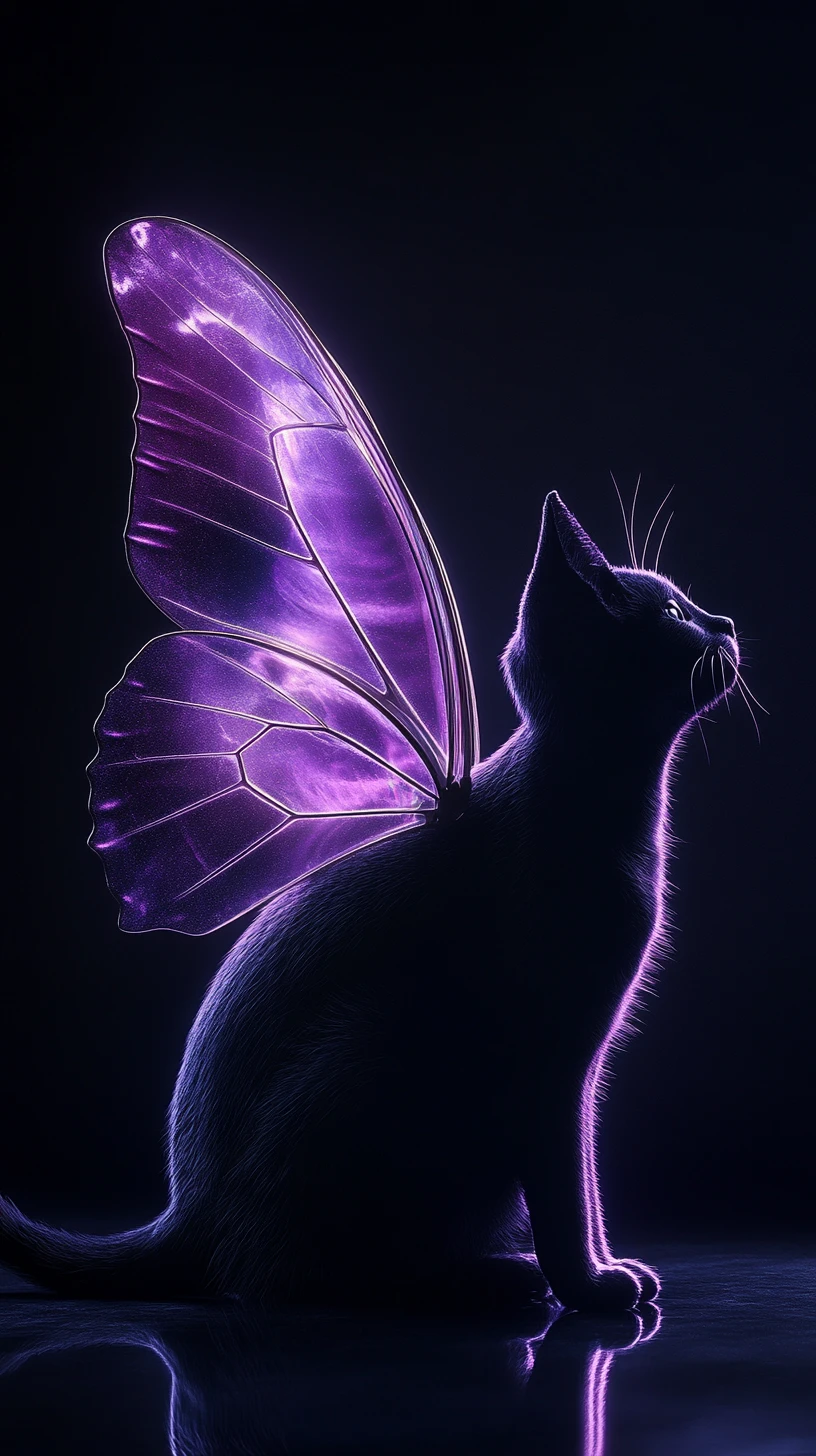 Black fantasy cat with glowing amethyst glass wings