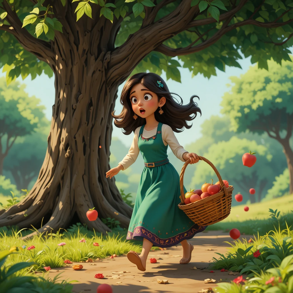 Girl dropping apples from a broken wicker basket under tree