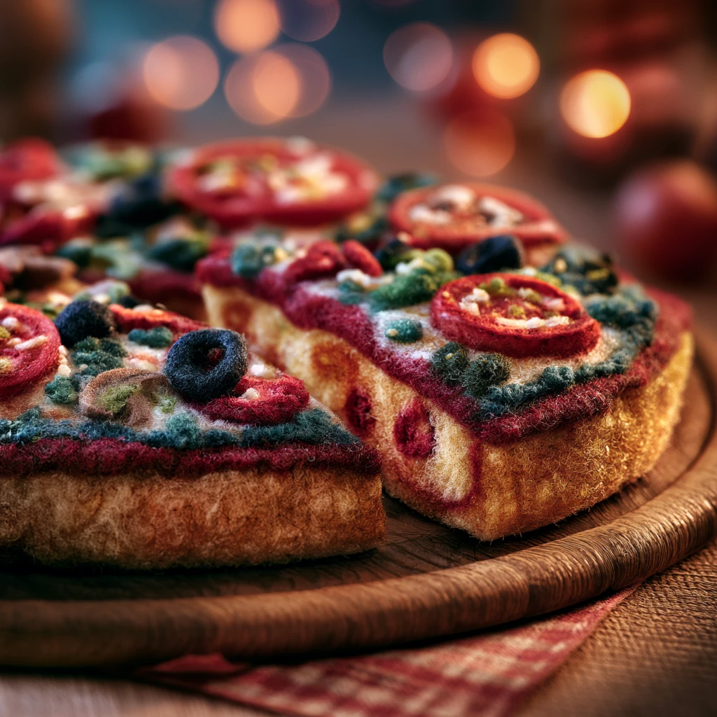 Cute felted veggie pizza slice on a cozy kitchen table