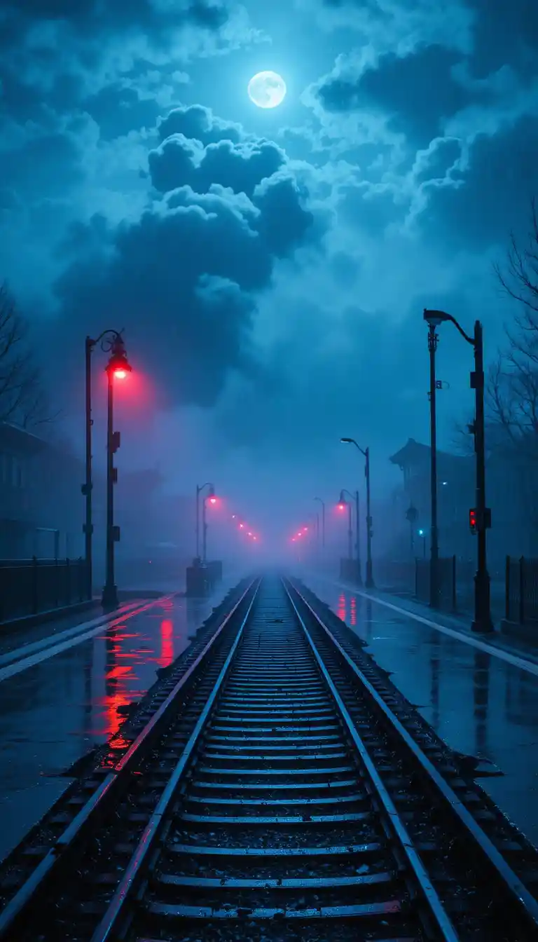 Railway Tracks Fading Into Foggy Moonlit Night Platform