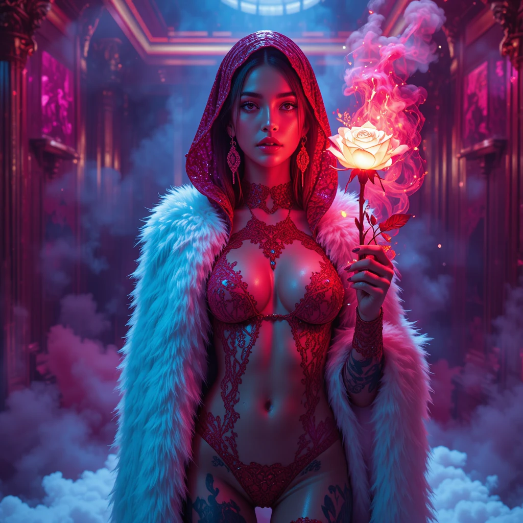 Surreal fashion portrait of a woman in crimson latex cloak