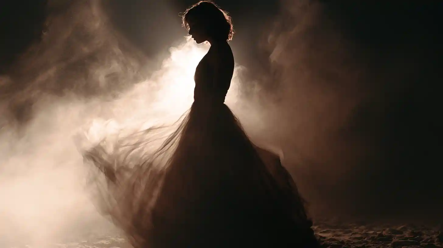 Young woman framed by swirling light and ash vortex