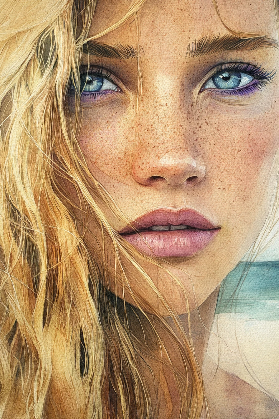 Cinematic close up of a blonde woman with sad blue eyes
