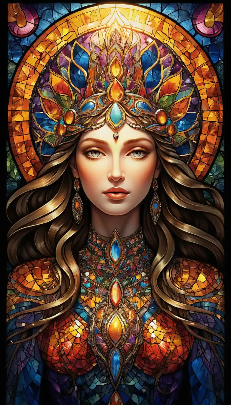 Stained glass goddess glowing in radiant abstract patterns