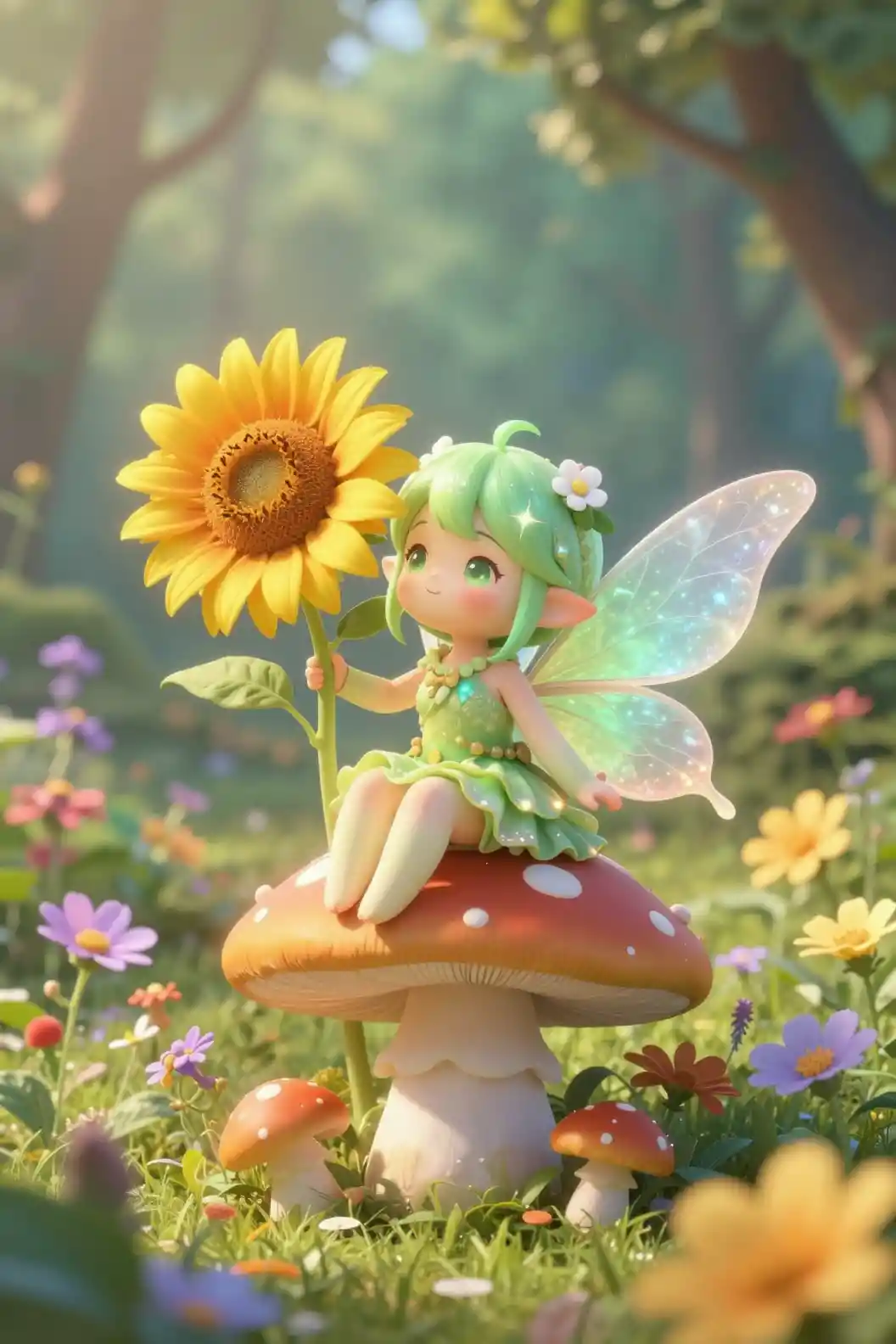 Cute green fairy sitting on a mushroom with sunflower