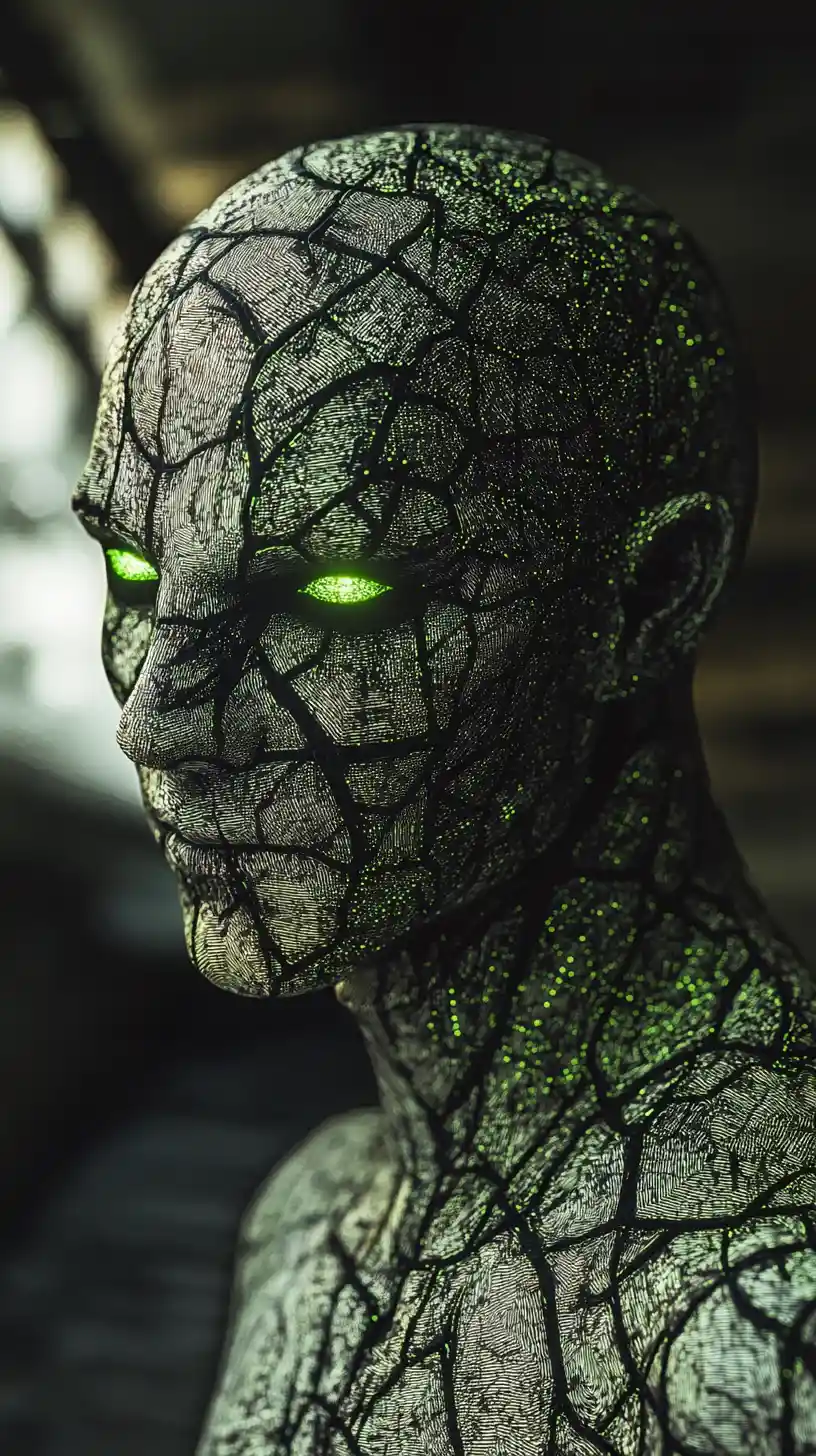 Humanoid alien figure covered in shifting cartographic patterns
