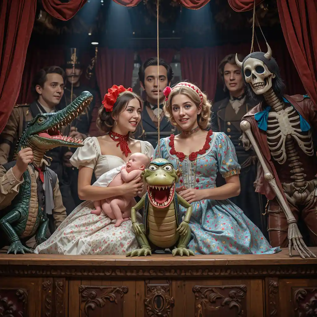 Group of adult performers on a chaotic puppet stage
