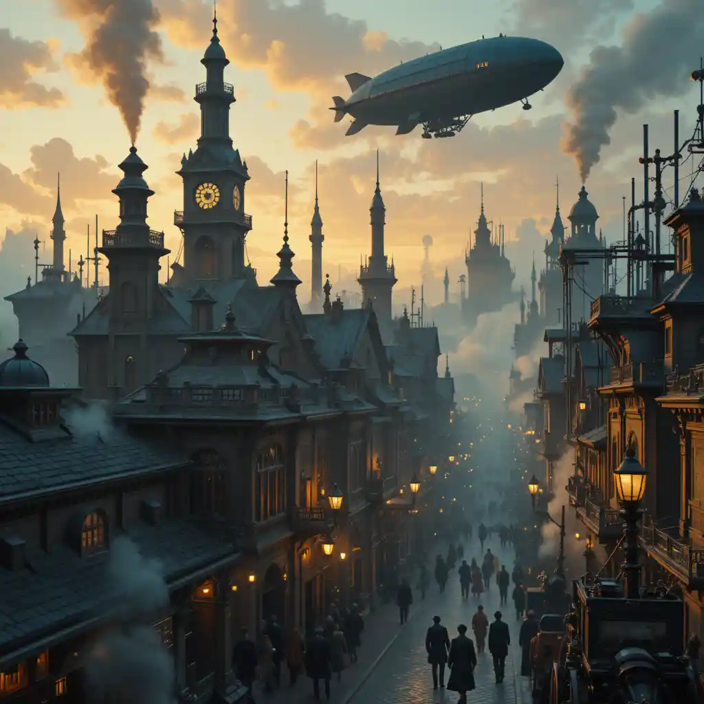 Victorian steampunk city with airships at golden hour