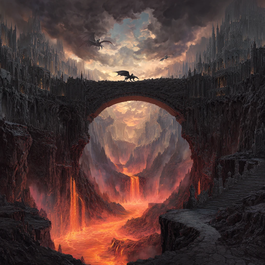 Knight Riding A Dragon Across A Volcanic Castle Bridge