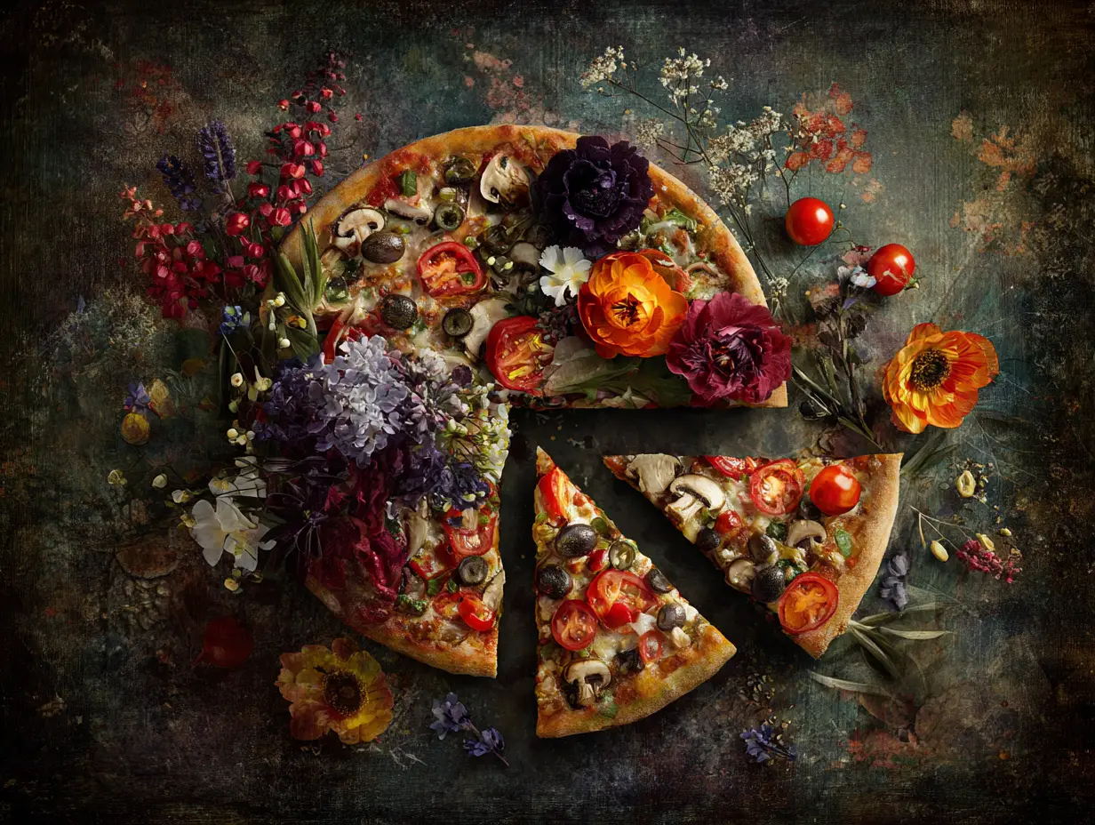 Kitchen still life with veggie pizza and flowers