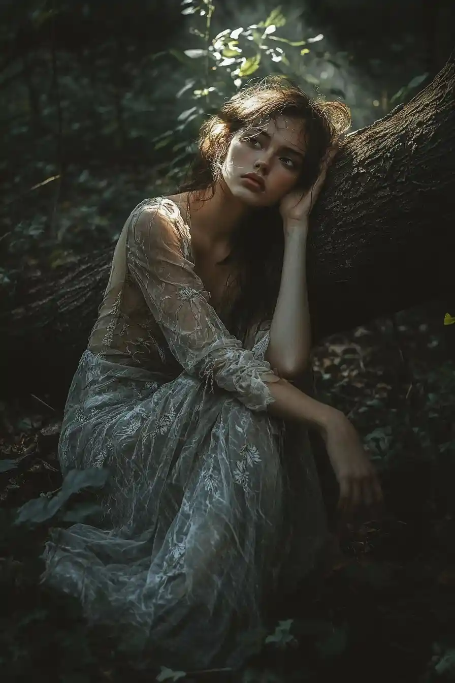 Woman in torn sheer dress resting against a forest log