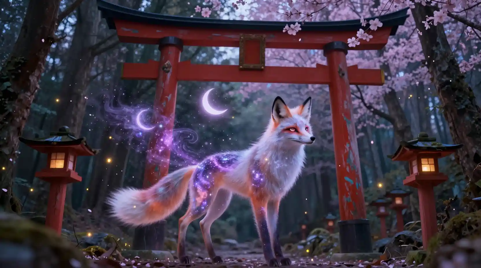 Ethereal fox spirit guarding an ancient forest torii
