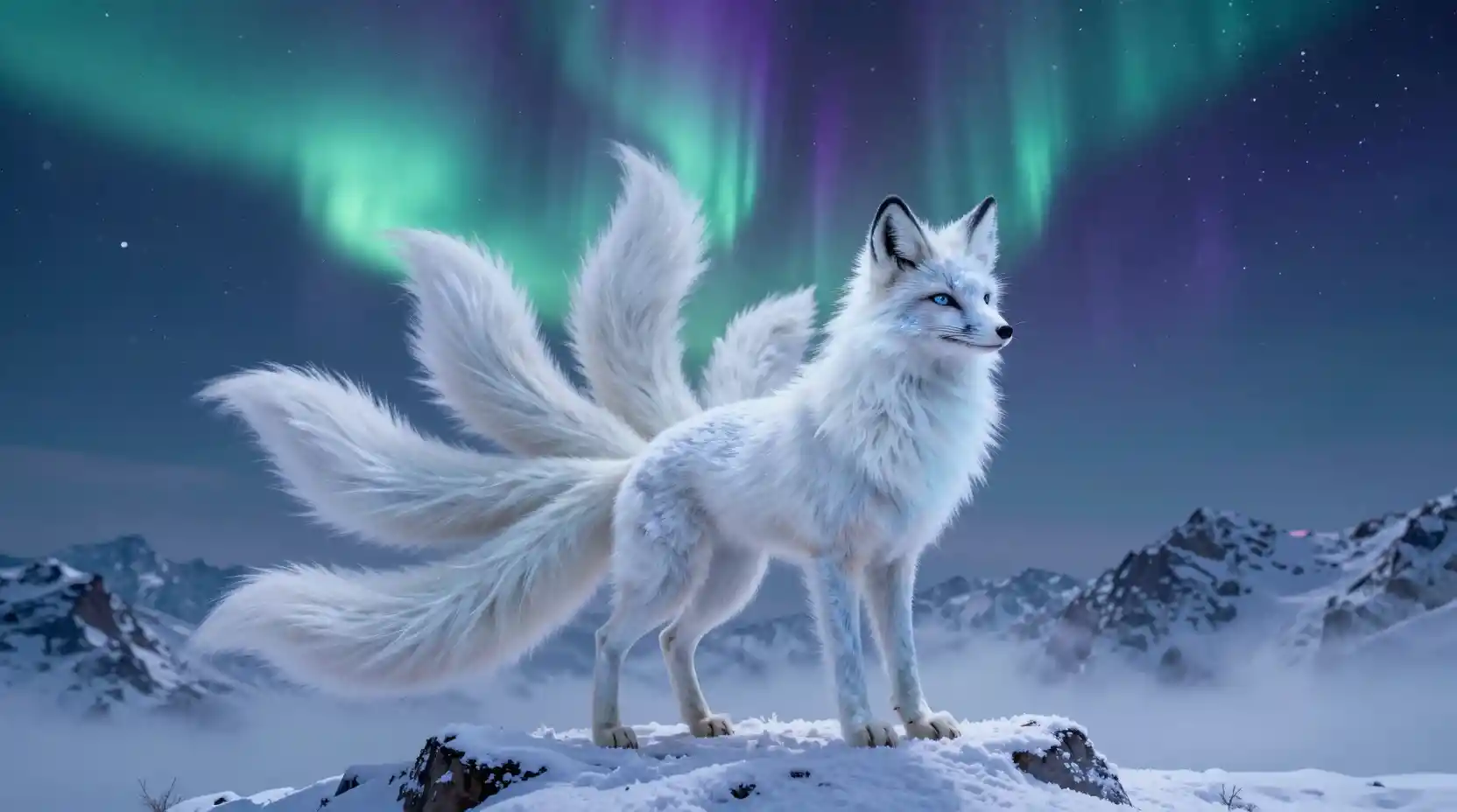 Majestic nine tailed frost fox under glowing aurora sky