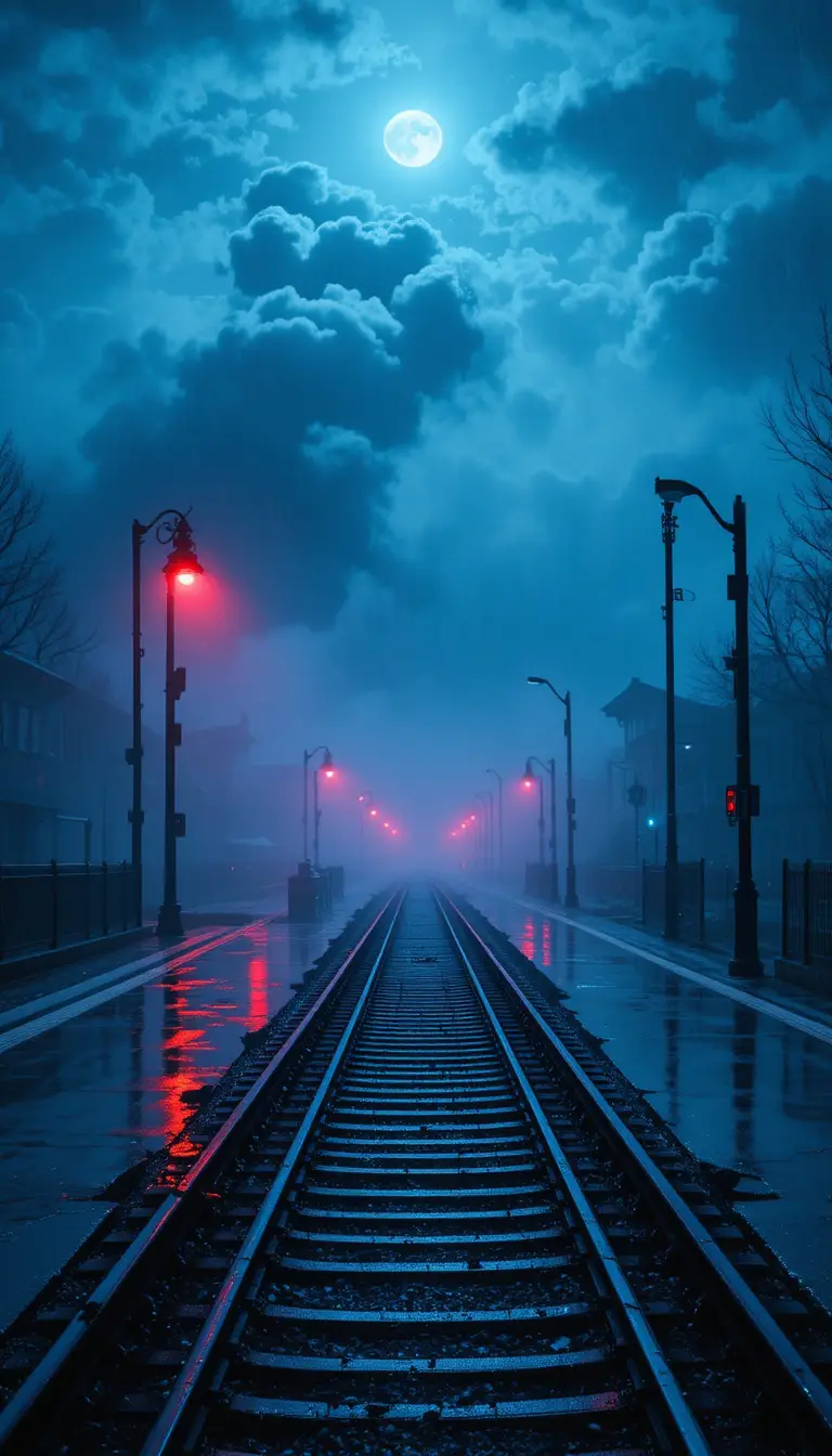 延伸至霧濛濛月夜月台的鐵軌