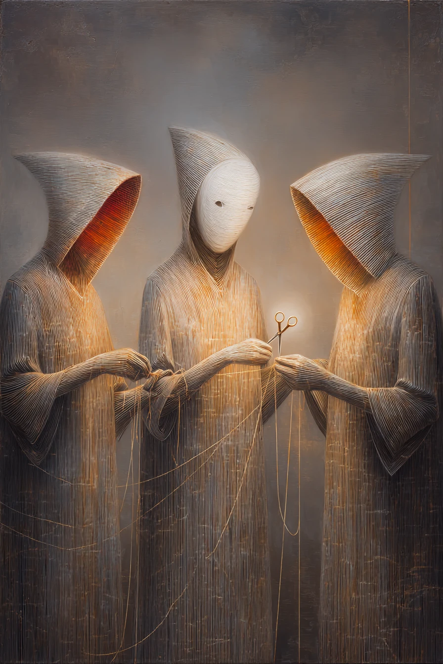 Three hooded figures weaving glowing golden threads of fate