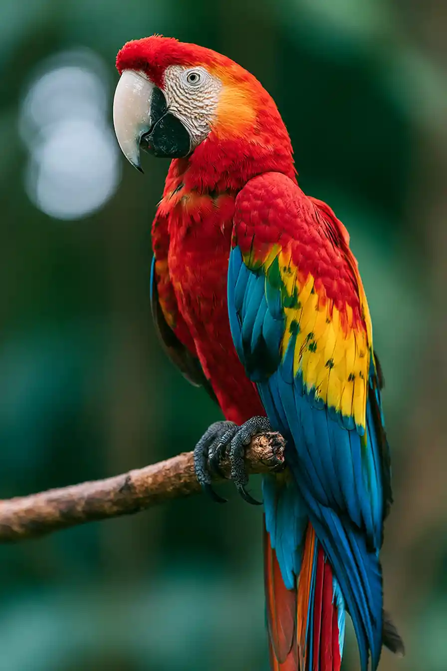 Colorful macaw perched on branch in tropical rainforest