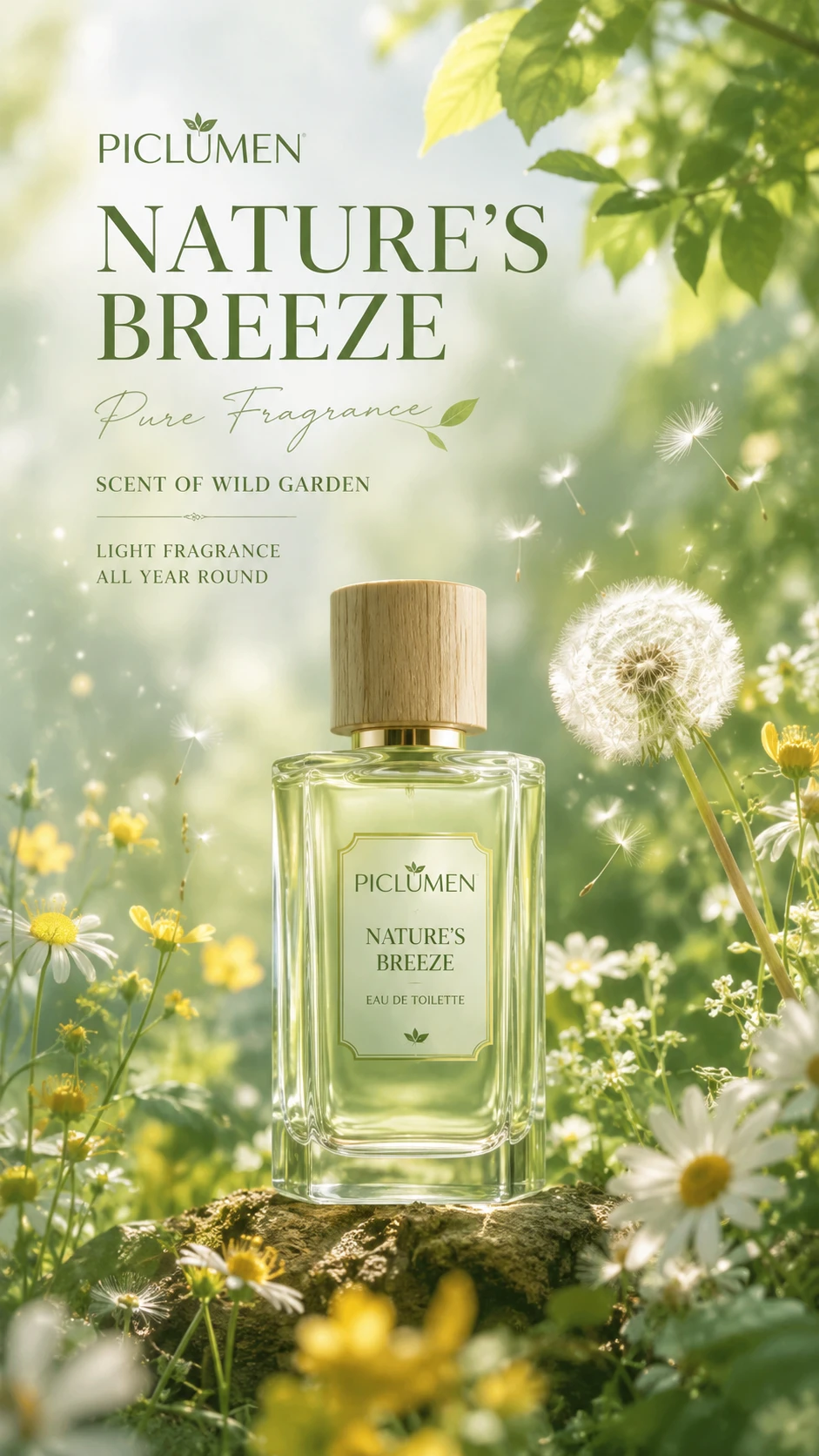 Perfume bottle in fresh forest greenery with soft sunlight