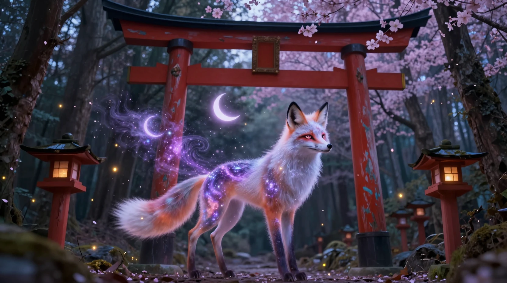 Ethereal fox spirit guarding an ancient forest torii