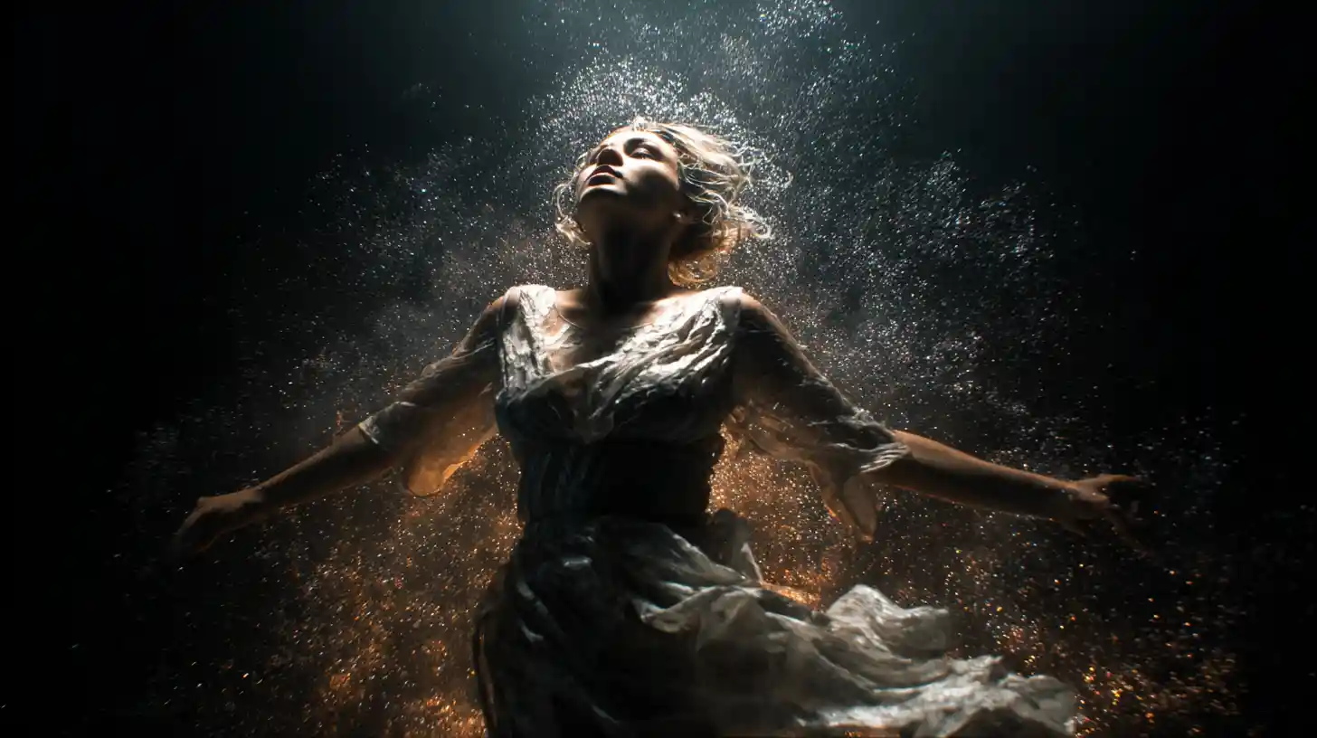 Young woman in swirling vortex of light and ash