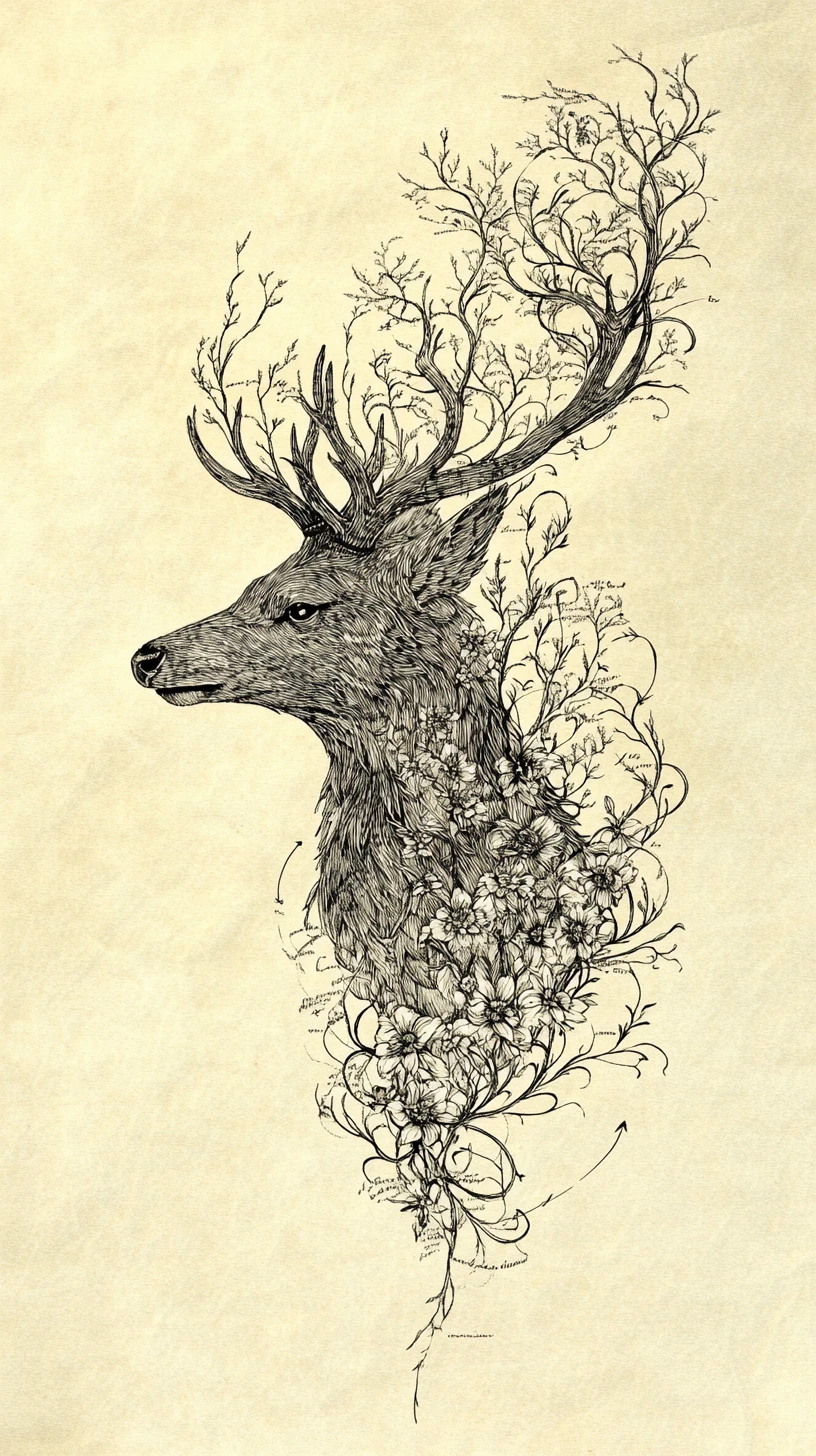 Surreal stag raven hybrid with botanical antlers in profile