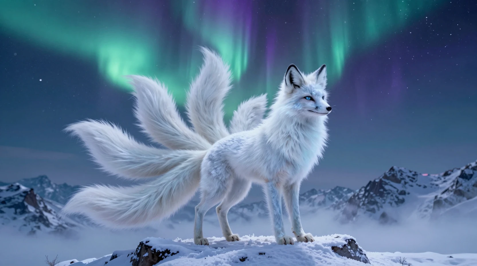 Majestic nine tailed frost fox under glowing aurora sky