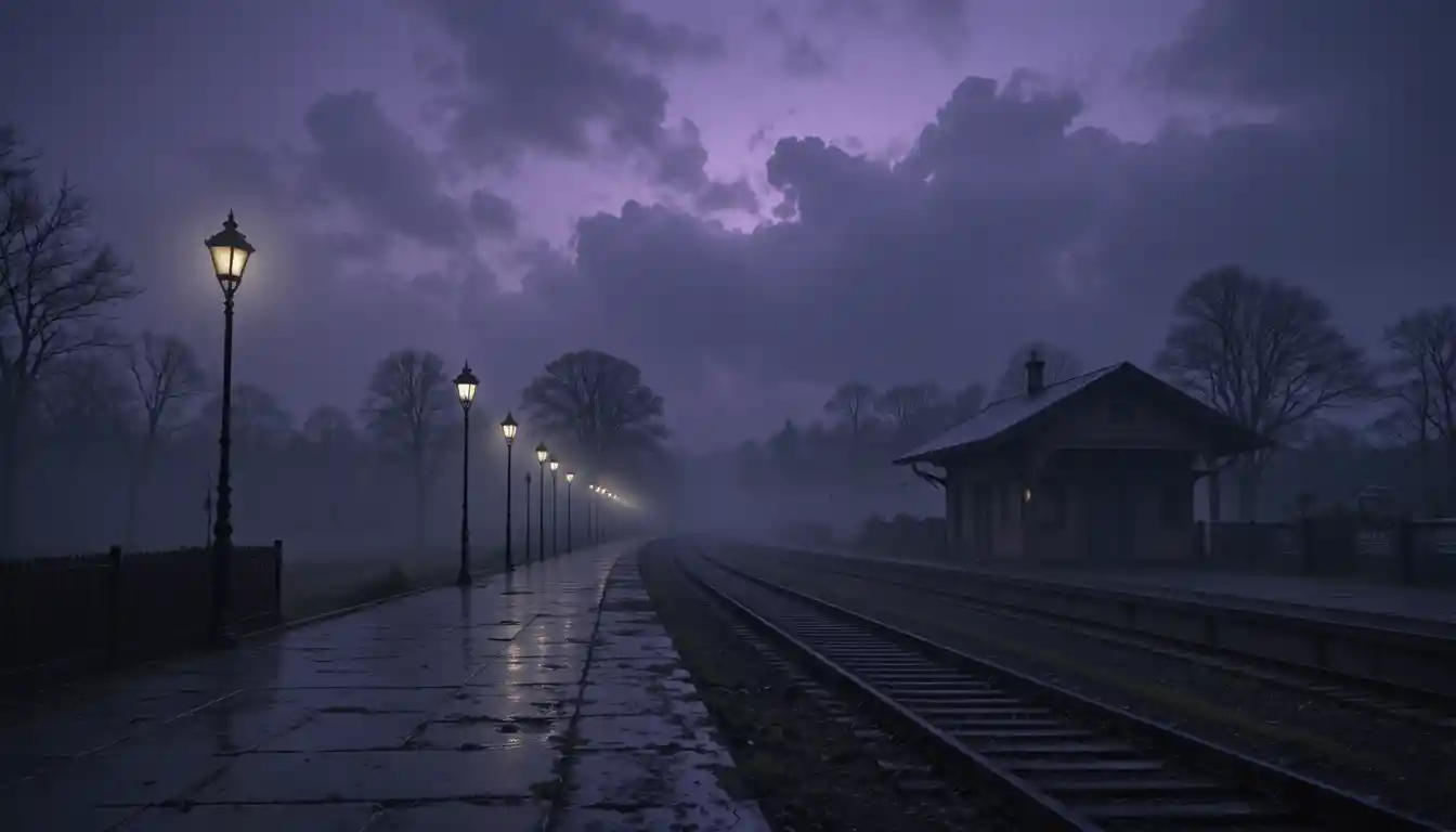 Abandoned Train Station Under A Dusky Purple Evening Sky