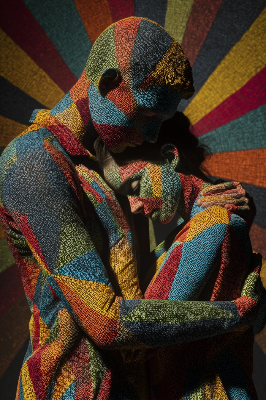 Embracing couple in vibrant geometric mosaic portrait