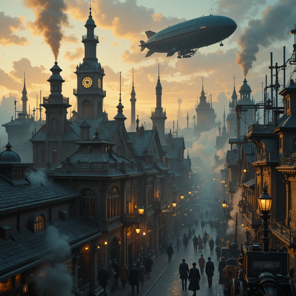 Victorian steampunk city with airships at golden hour