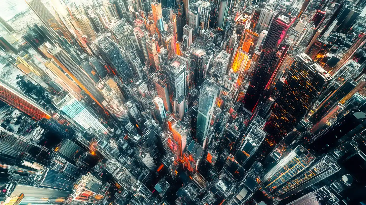 Surreal futuristic cityscape of impossible voxel architecture