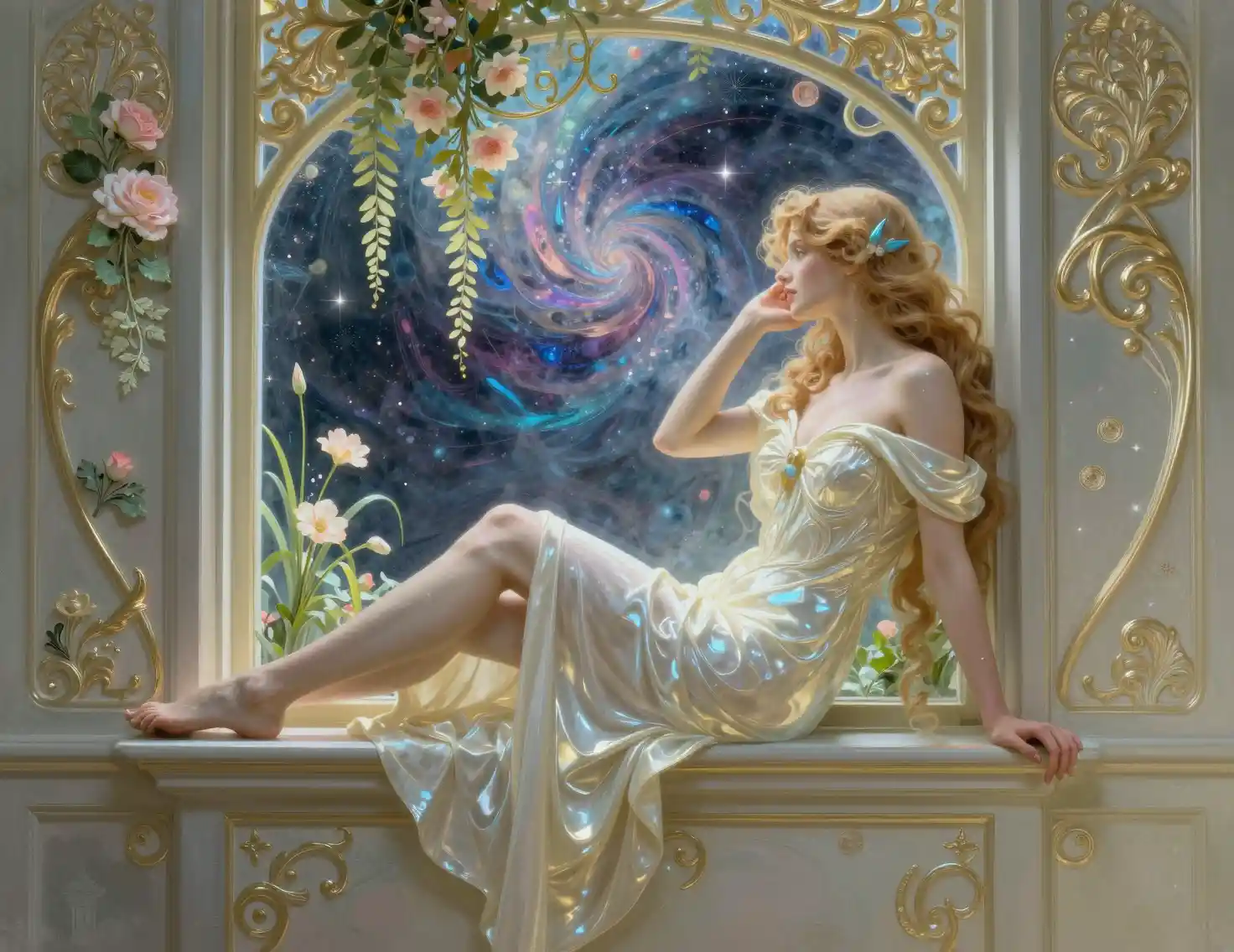 Woman Lazily Posing On A Window Sill In Fine Art Style