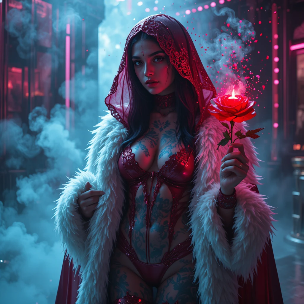 Surreal fashion portrait of a woman in crimson latex cloak