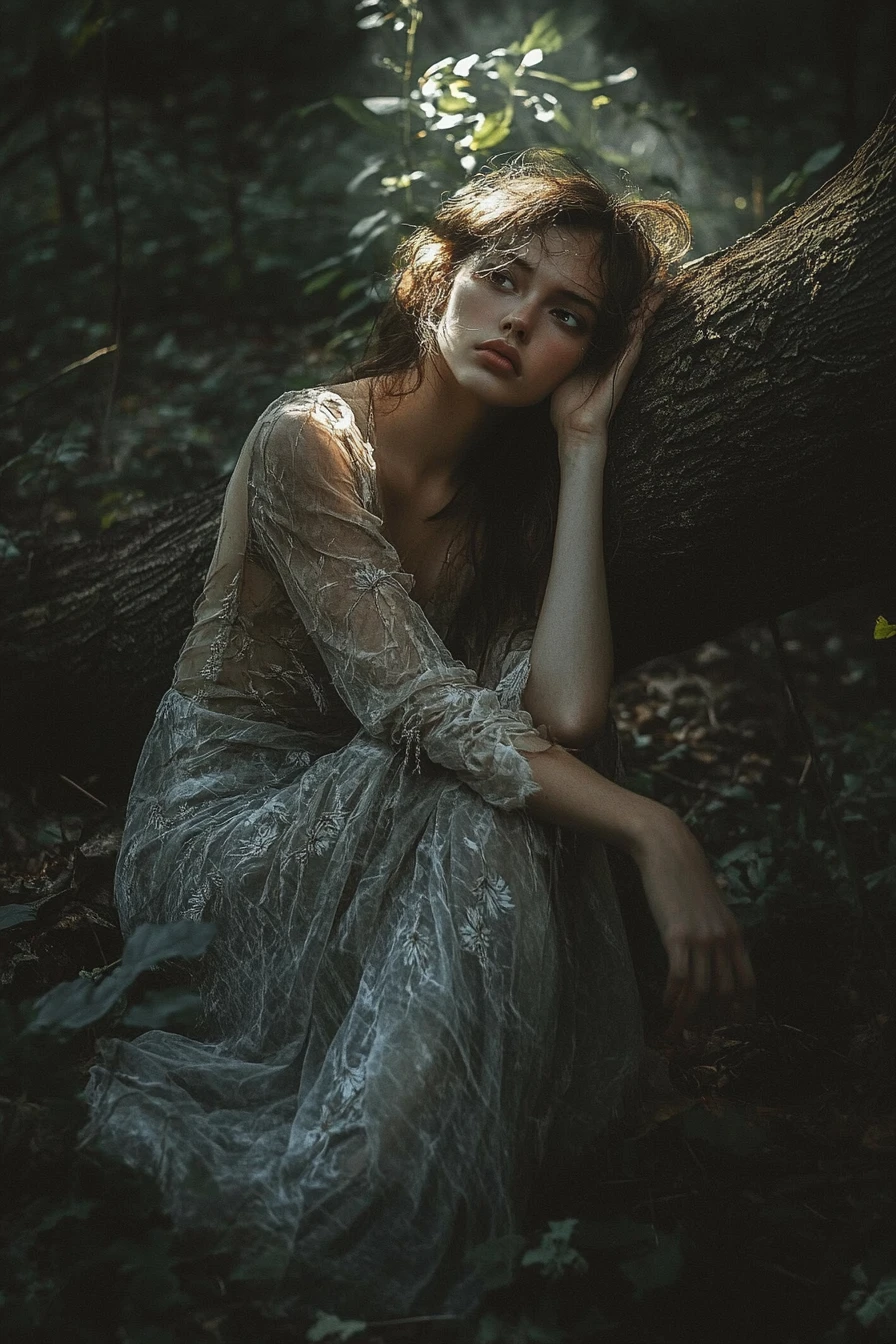 Woman in torn sheer dress resting against a forest log