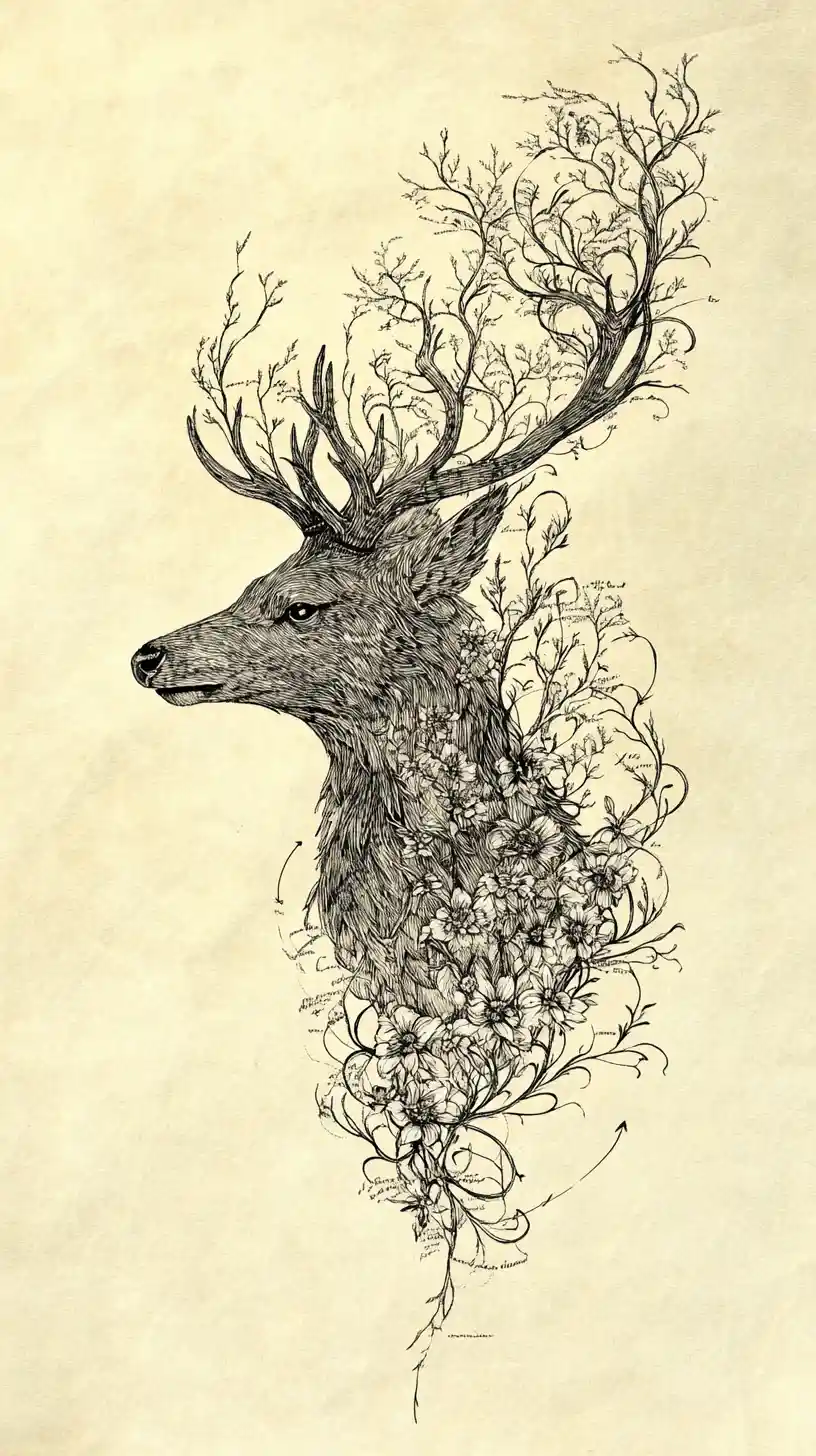 Surreal stag raven hybrid with botanical antlers in profile