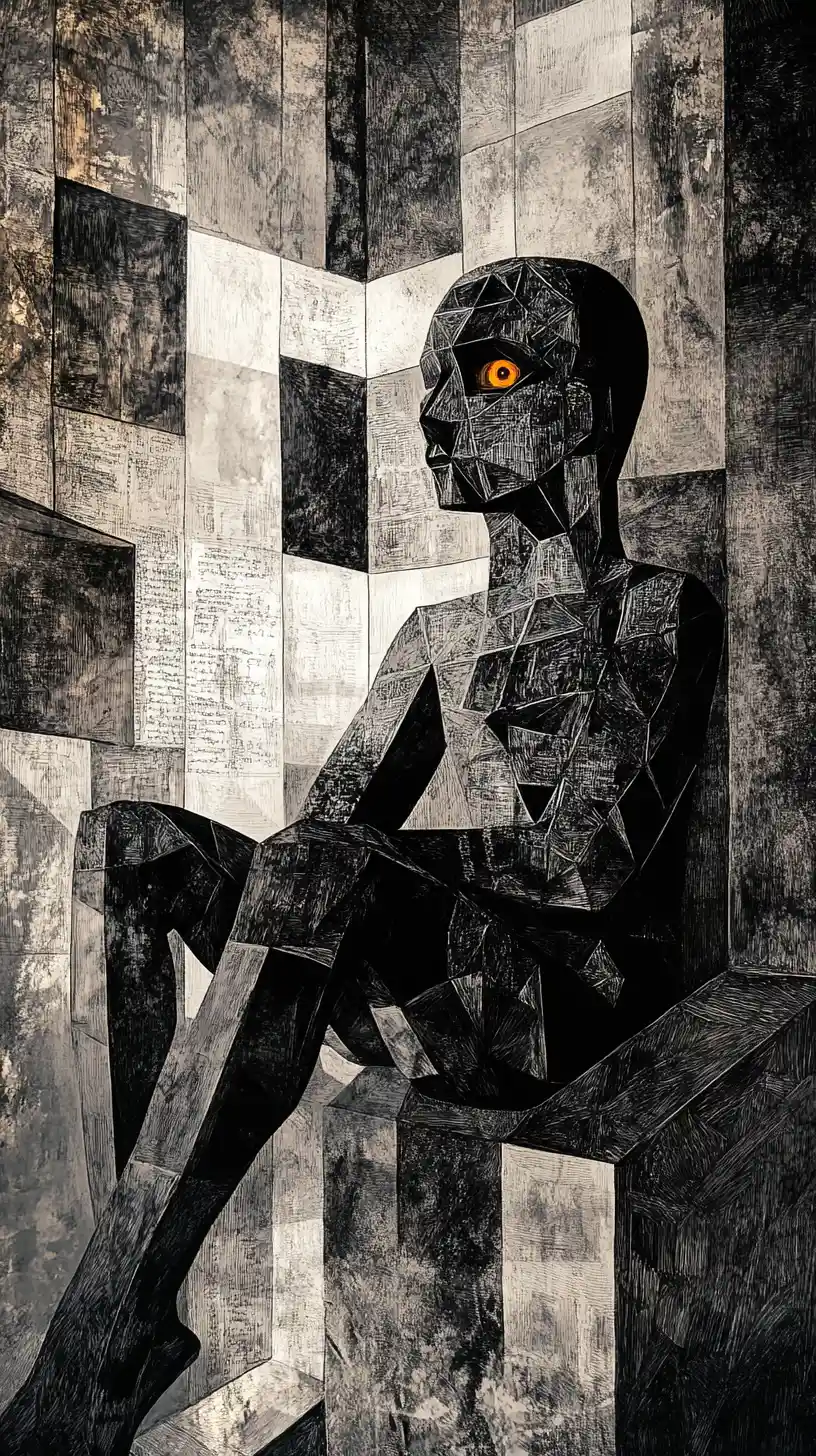 Surreal archivist in infinite vaulted chamber of symbols