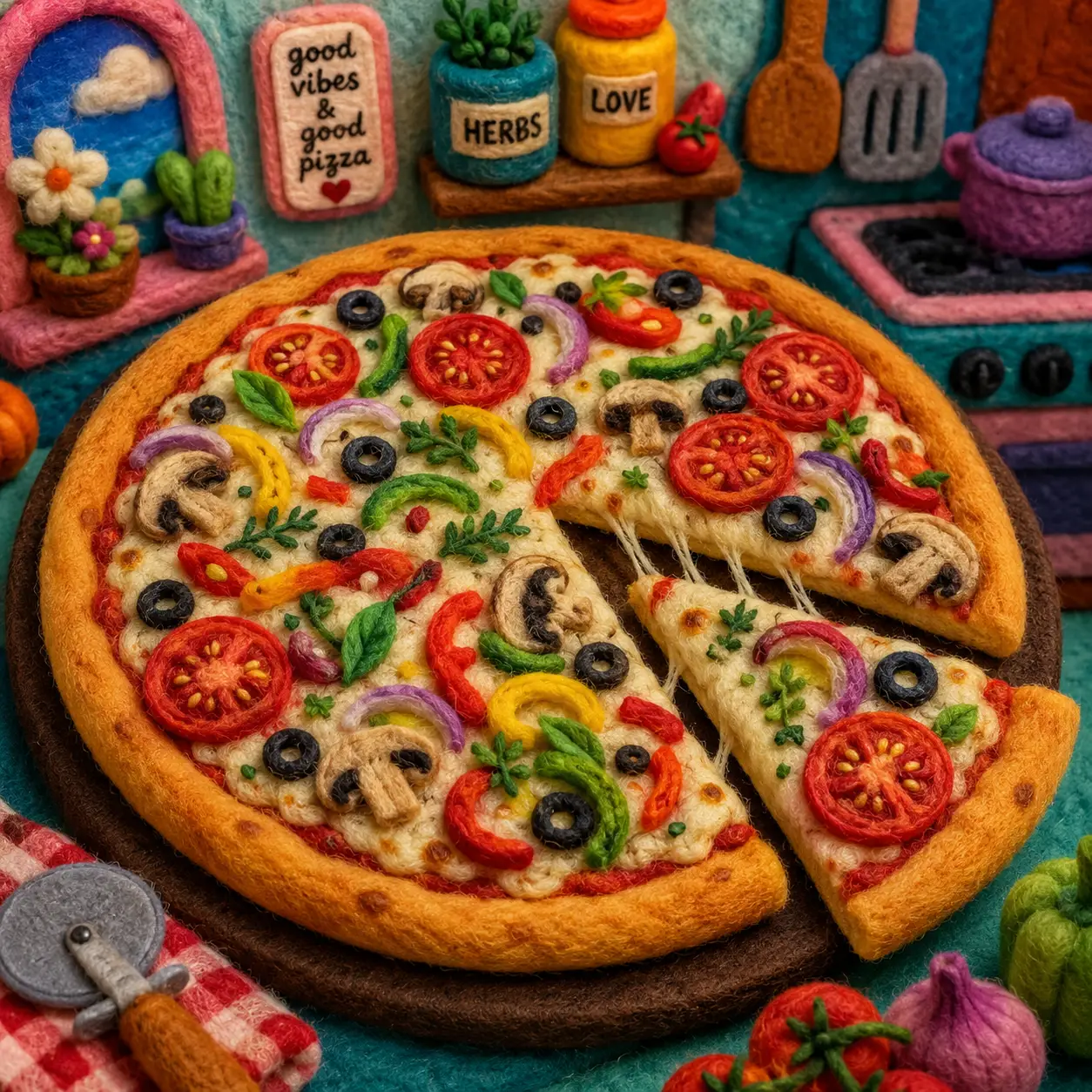 Colorful felt pizza with sliced veggie cheese topping