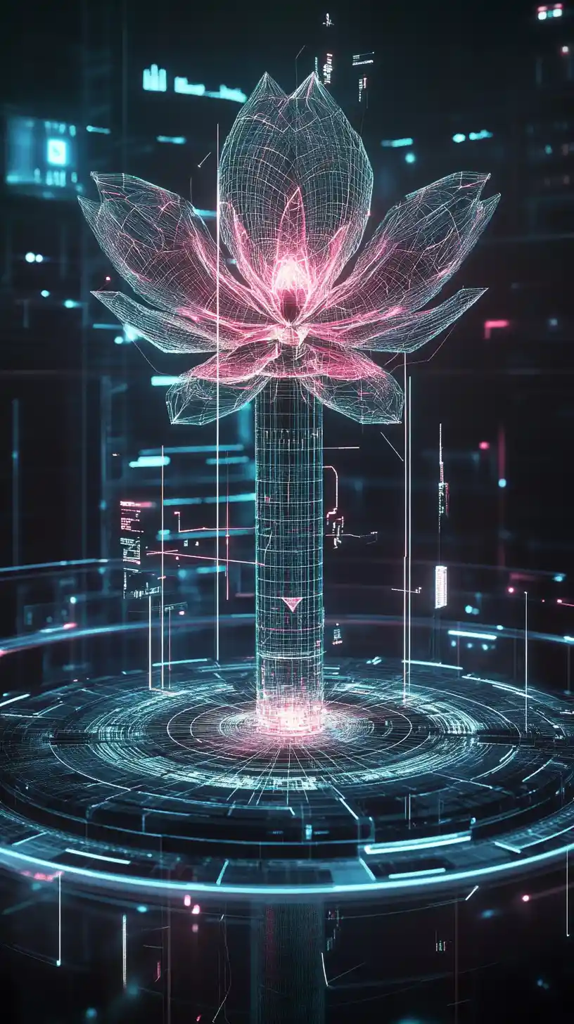 Geometric flower rising from circular digital data platform