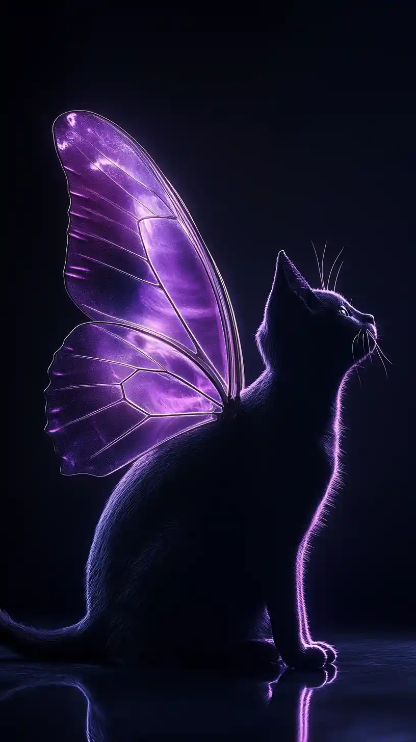 Black fantasy cat with glowing amethyst glass wings