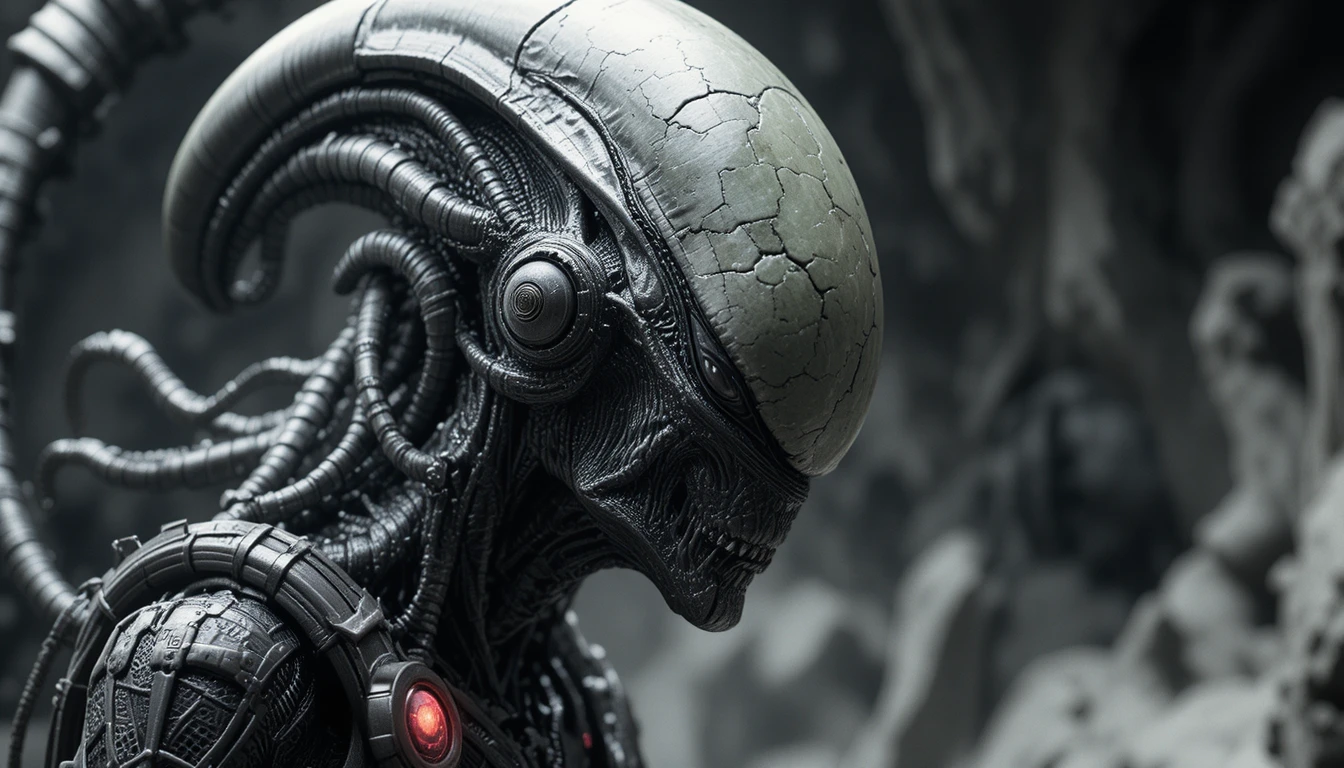 Half body portrait of a realistic alien in black and white