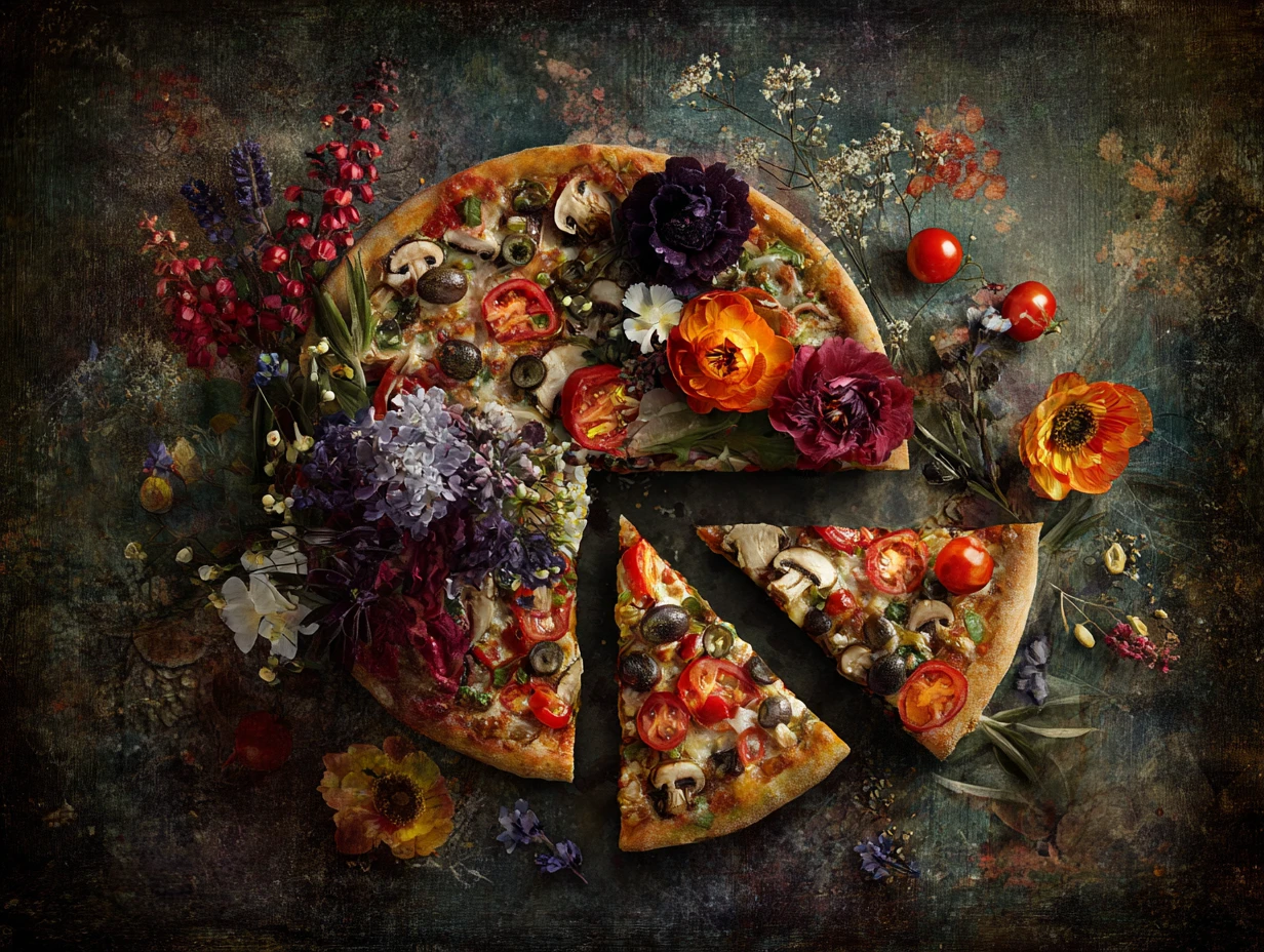 Kitchen still life with veggie pizza and flowers