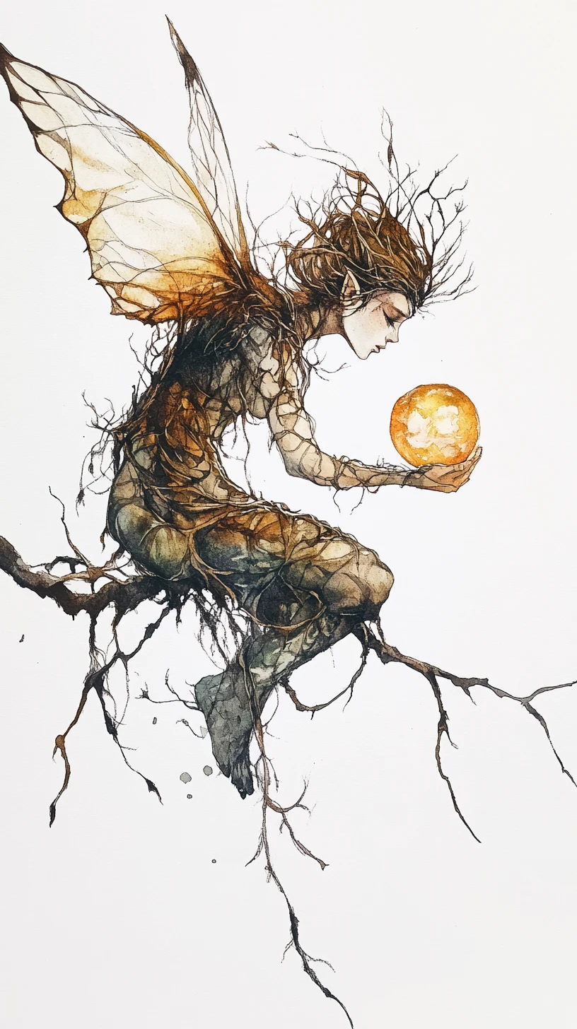 Fierce fairy guarding a glowing seed on a branch