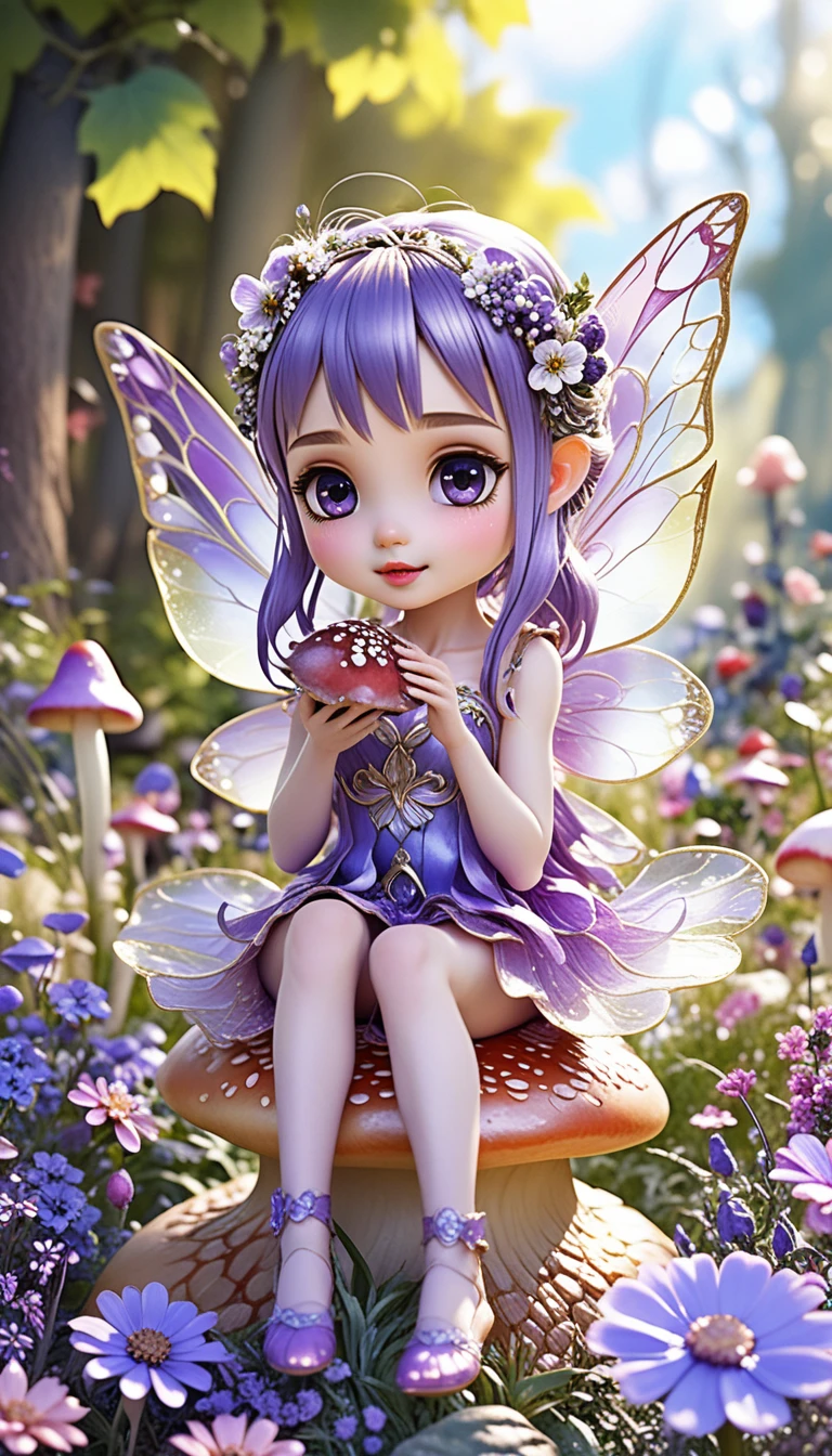 Cute purple fairy sitting on a mushroom in sunlight
