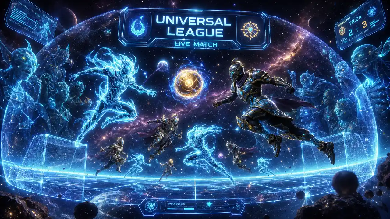 Zero gravity fantasy football match inside glowing space dome
