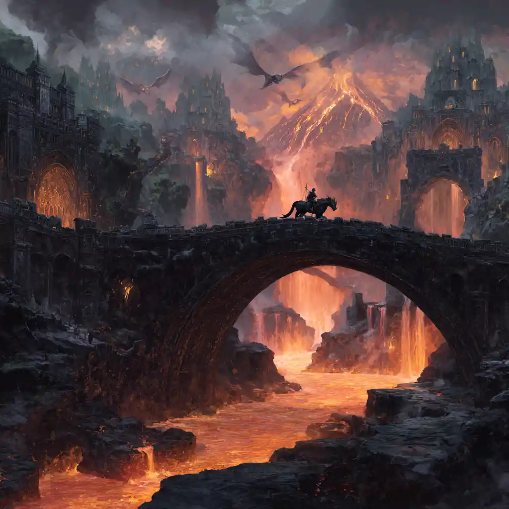 Knight On Black Dragon Crossing Obsidian Volcano Bridge