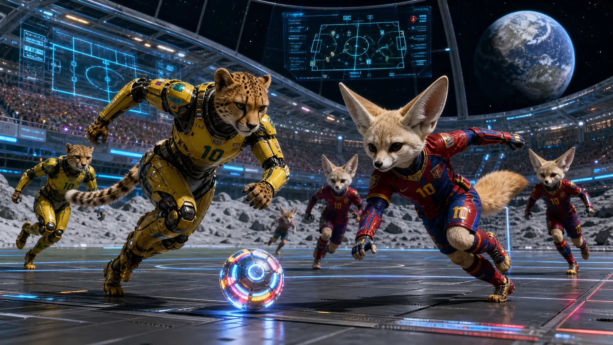 Sci fi animal football game above the lunar surface