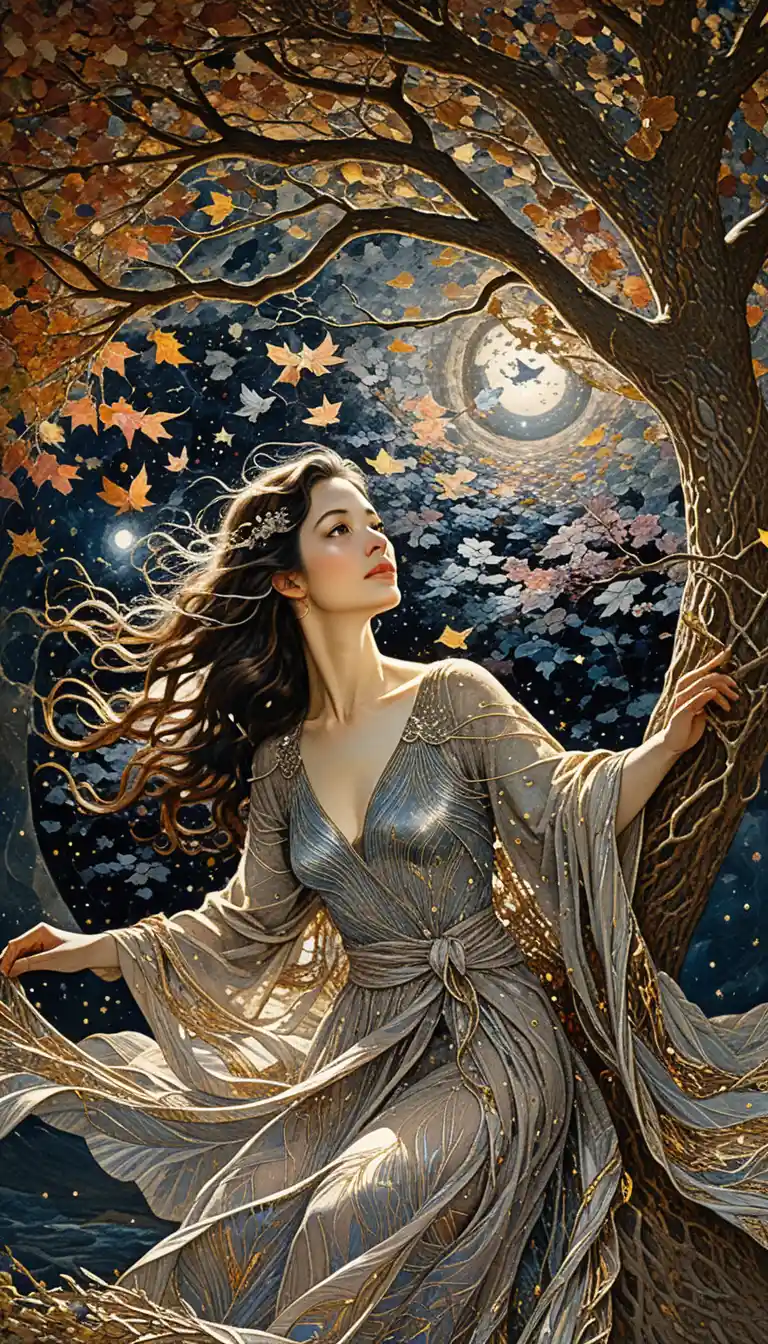 Woman on a tree swing under glowing branches at dusk