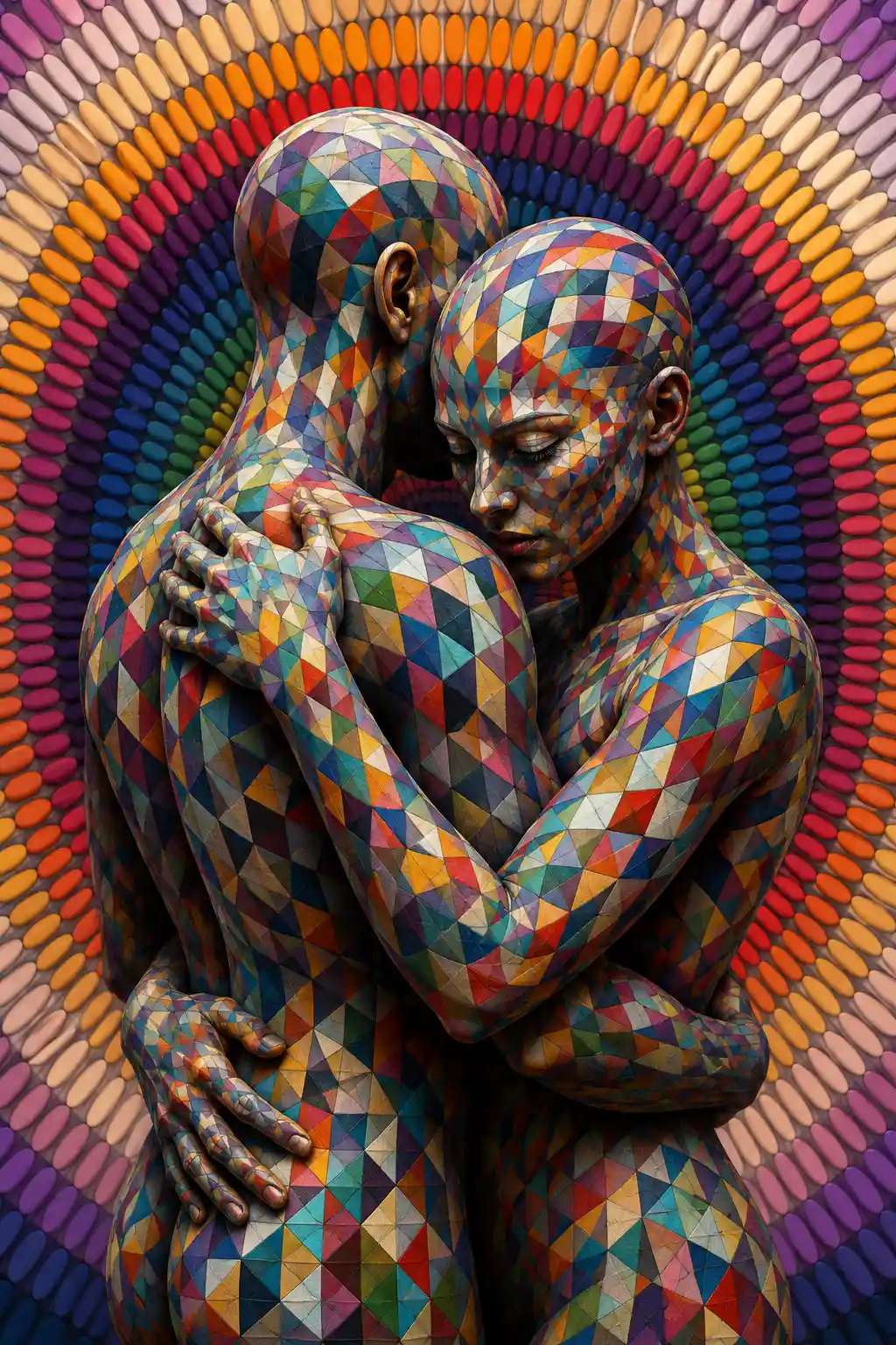 Embracing couple with colorful geometric mosaic bodies