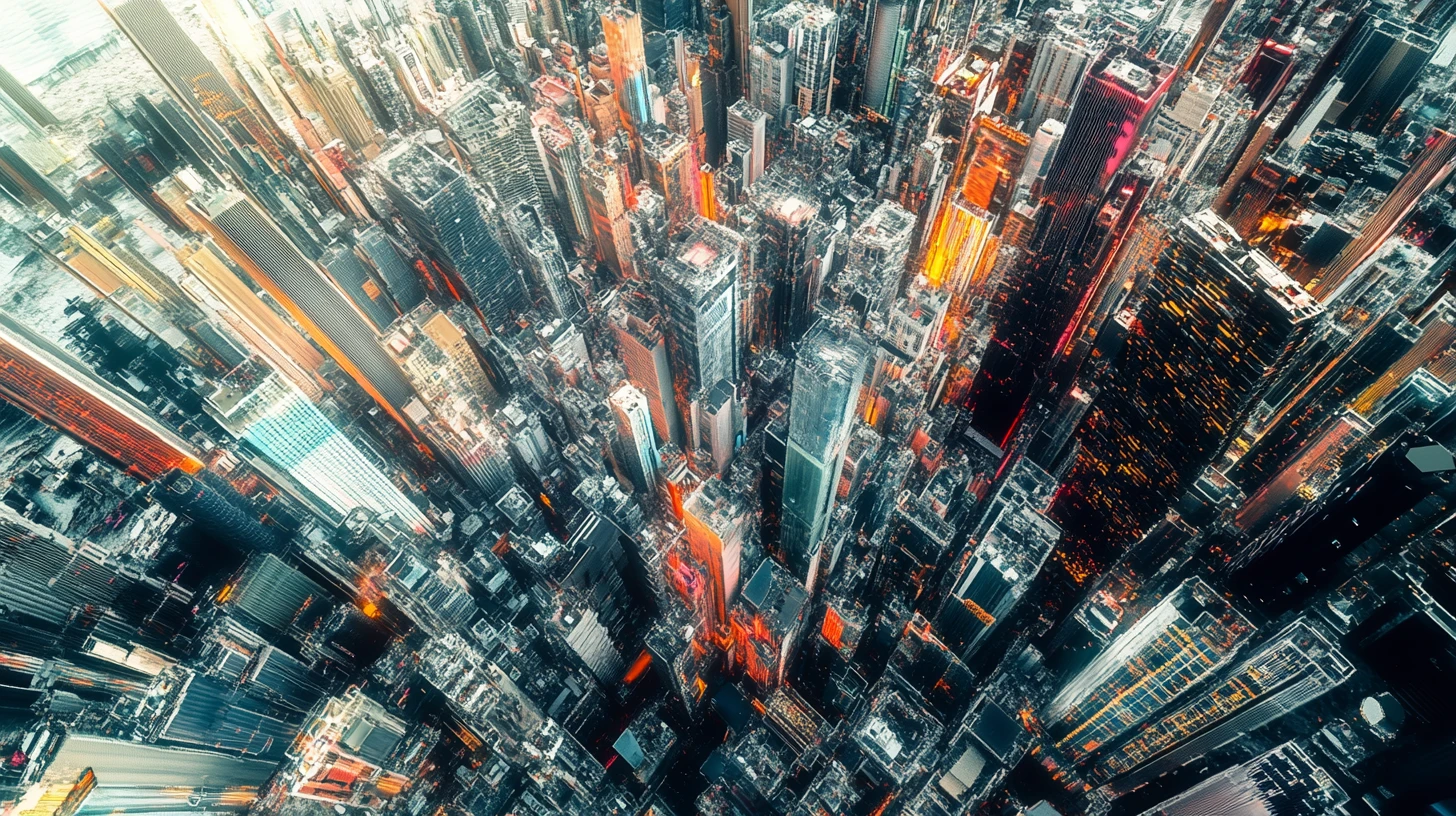Surreal futuristic cityscape of impossible voxel architecture