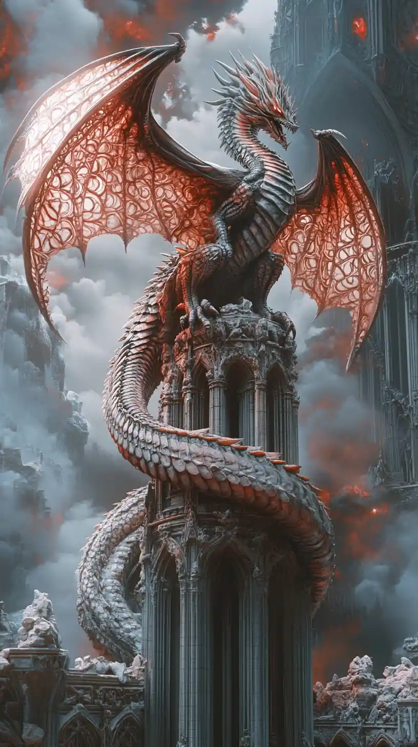 Dragon Looming Over A Crumbling Gothic Cathedral At Night