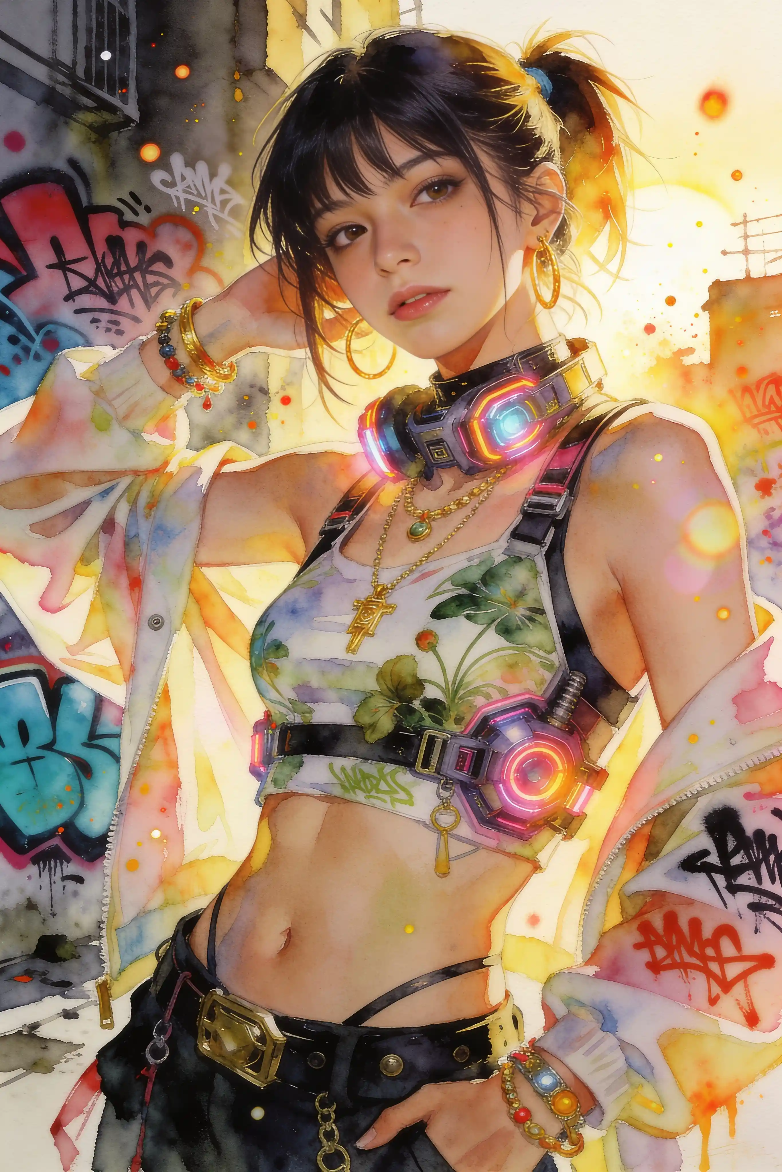 Summerpunk woman in a sunlit urban graffiti dreamscape