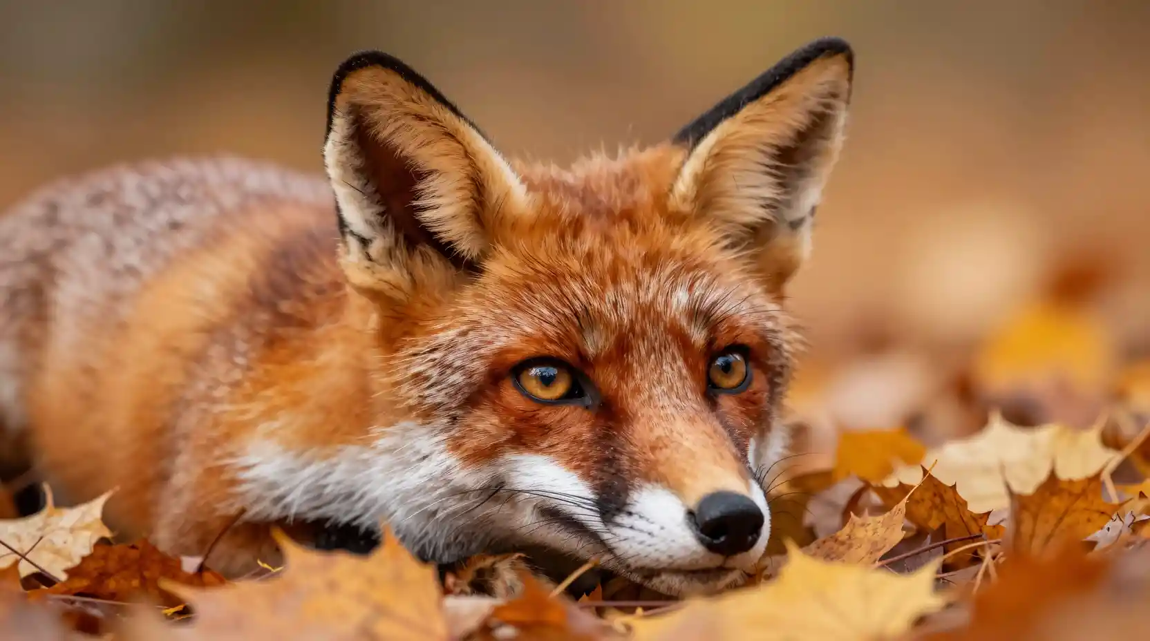 Red fox close up resting in autumn forest leaves